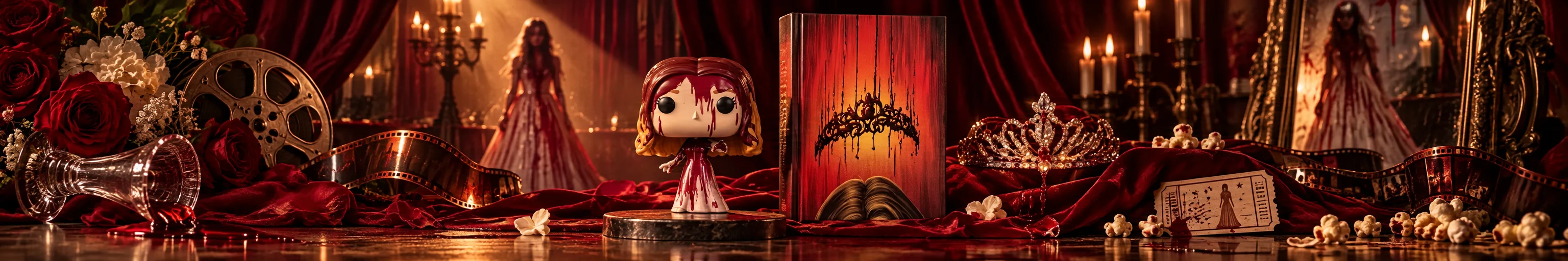 Кэрри: книга Стивена Кинга, фигурка Funko, корона выпускного бала и киноатрибутика в алом свете
