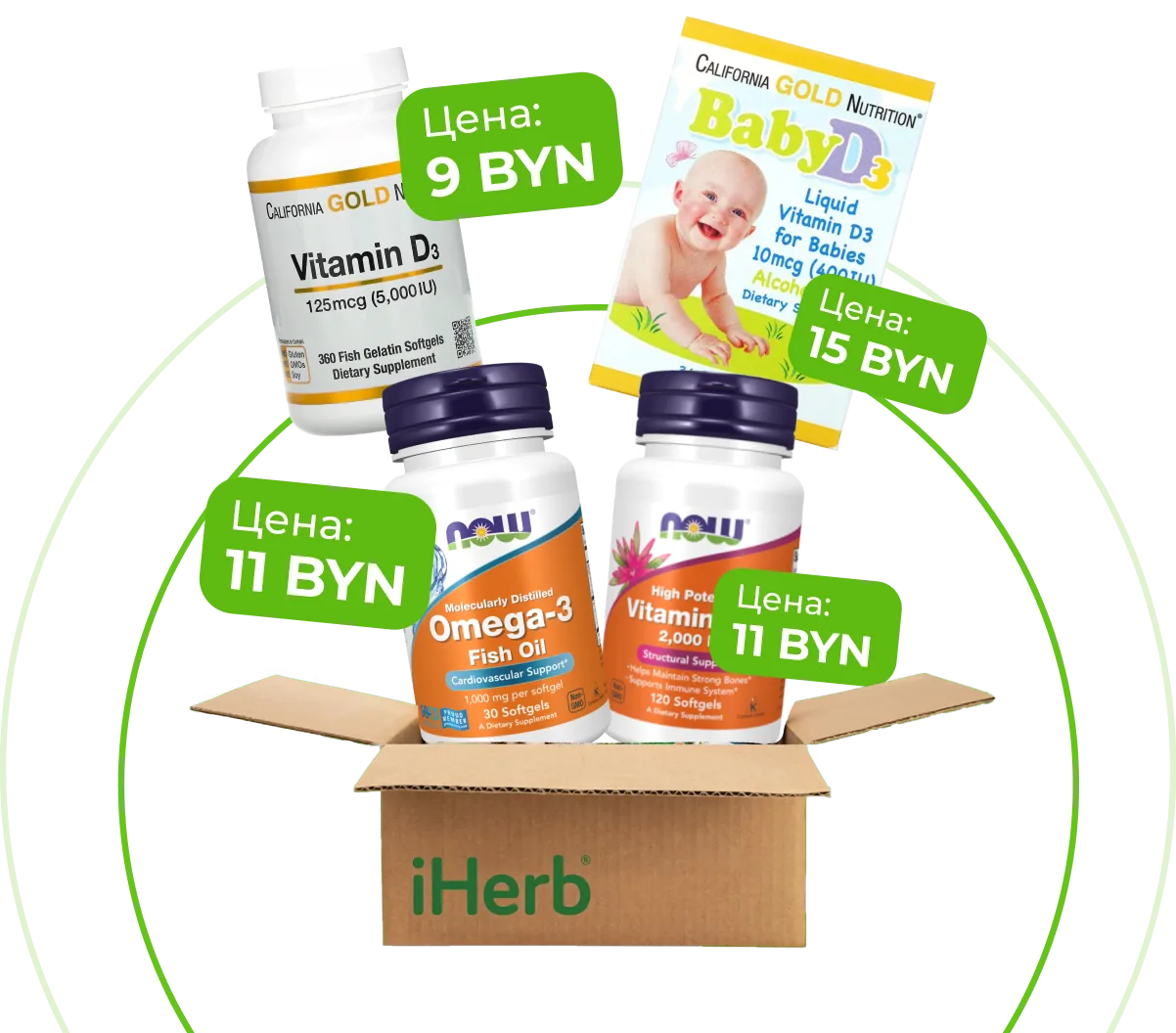 Товары iHerb в коробке Prostobox с ценами