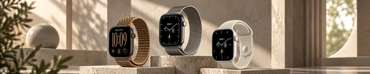 Три модели Apple Watch на каменных подиумах