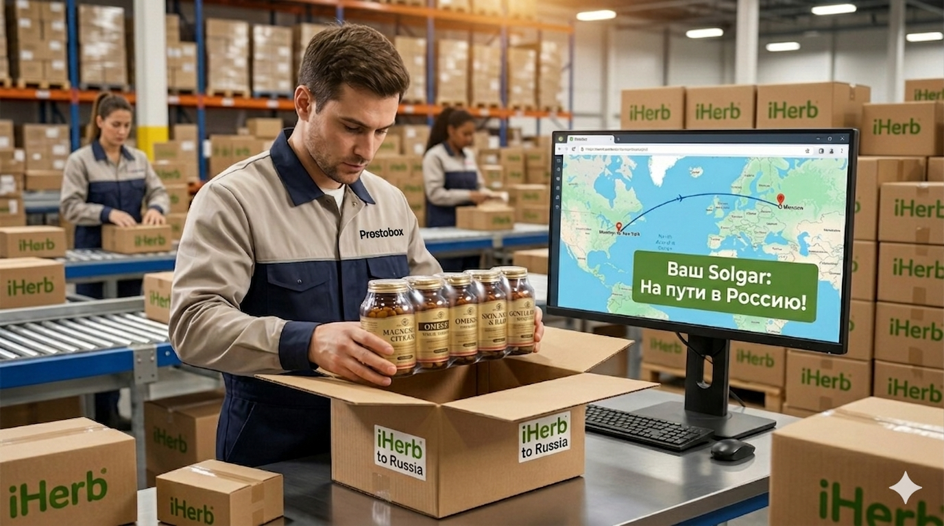 Prostobox warehouse employee packing Solgar vitamins from iHerb for delivery to Russia